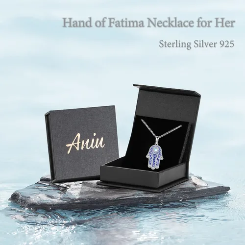 Vista 129 de Aniu Joyería de plata de ley 925 Hamsa de Fátima para mujer con circonita cúbica, viene con caja de regalo negra