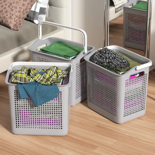 Vista 7 de Cestas de almacenamiento de ropa sucia de 35 L con asas, cesta de plástico fácil de transportar, gris, 4 paquetes