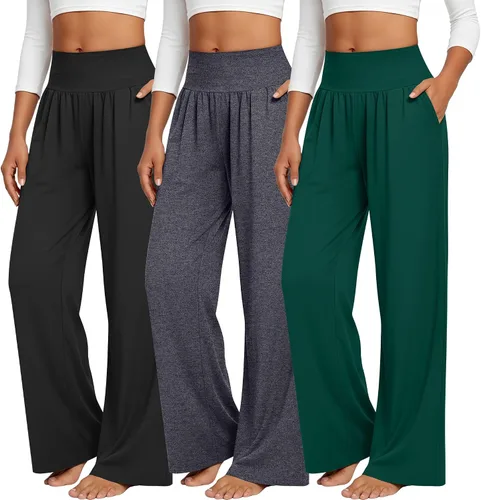 Vista 14 de Neer - Conjunto de 3 pantalones de yoga de pierna ancha para mujer - Pantalones deportivos cómodos, holgados, de cintura alta y casuales