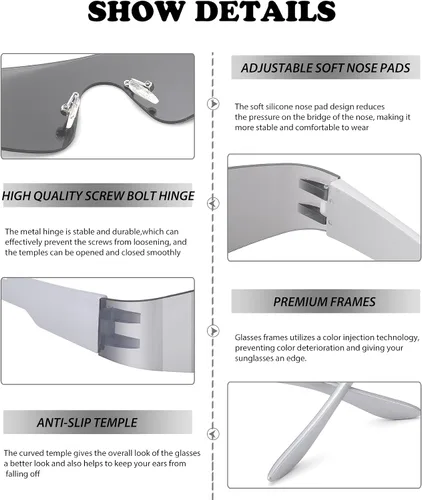 Vista 6 de NULOOQ Y2K - Gafas de sol futuristas envolventes sin montura para mujeres y hombres, gafas de sol de moda Cyberpunk con visera monobloque