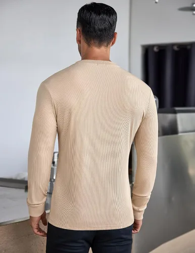 Vista 69 de COOFANDY Camisas Henley de manga larga para hombre, camisetas elásticas acanaladas, camisetas básicas casuales de moda