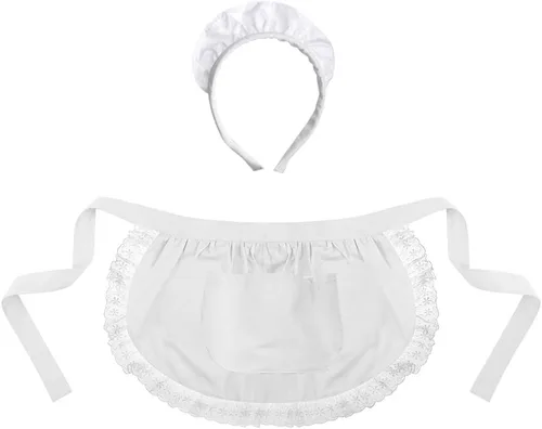 Vista 4 de TopTie Delantal de cintura blanca con diadema, medio delantal de algodón de criada navideña, disfraz de cosplay