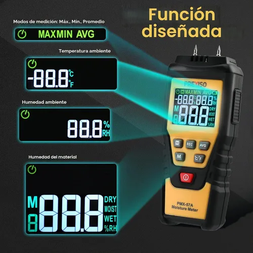 Vista 3 de PREXISO Medidor de Humedad de Madera - Medidor de Humedad Digital 7 en 1 para Leña, Carpintería, Paredes, Hogar, Yeso, Papel, Piso - Lector