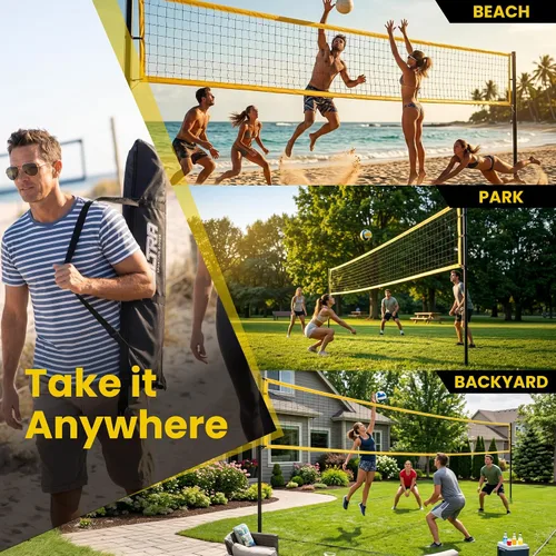 Vista 6 de Volleyball Net for Backyard, Regulation Size 32x3FT, Portable Outdoor Amarillo - Set completo