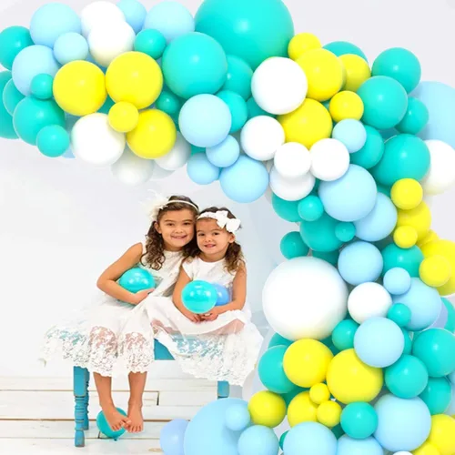 Vista 6 de Kit de arco de globos azul, amarillo y blanco, guirnalda de globos azul claro, verde azulado y amarillo blanco, globos azules y amarillos