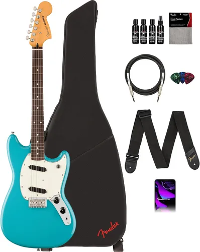 Vista 8 de Fender Player II Mustang - Paquete de 3 colores Sunburst con bolsa de concierto, correa, cable, paquete de 3 púas y kit de limpieza de guitarra
