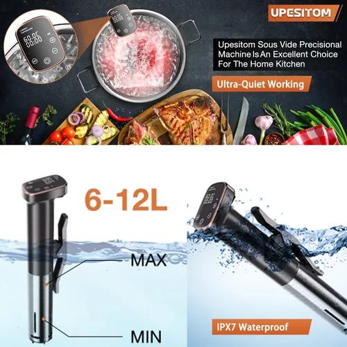 Vista 4 de Olla Sous Vide de 1100 W para carne perfecta y pollo tierno circulador de inmersión ultra silencioso con control táctil preciso y temporizador