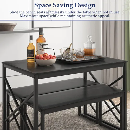 Vista 4 de VECELO Juego de Mesa de Comedor de Cocina con Bancos para 4, Mesa de Comedor de Madera de 43.3" con 2 Bancos, Mesa de Comedor de Alta Resistencia