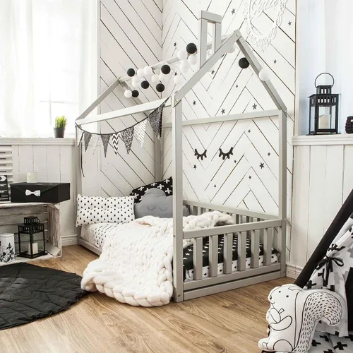 Vista 9 de Cama de casa Montessori para niños, Cama de piso para niños pequeños con rieles, Cama baja para niños pequeños, Cama de cabaña para niños, Cama