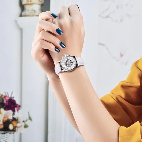 Vista 2 de Gute Reloj de pulsera de lujo mecánico de acero inoxidable con esqueleto steampunk automático para mujer