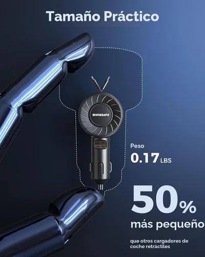 Vista 2 de SUPERONE Cargador retráctil para automóvil, pequeño cargador de automóvil para iPhone, cargador de teléfono para automóvil con USB C y cable Apple