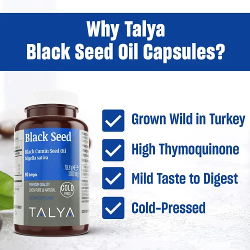 Vista 5 de TALYA Softgel de aceite de semilla negra con alta timoquinona, apoyo inmunológico, salud digestiva, función cerebral, movilidad articular, prensado