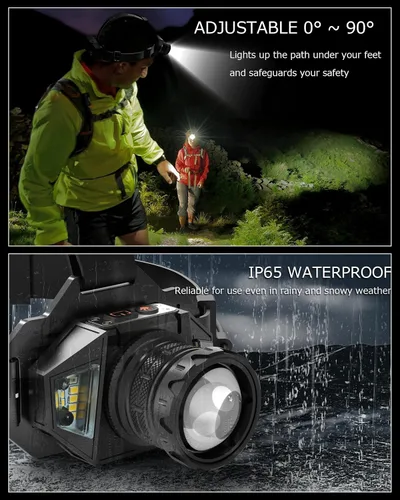 Vista 7 de Linterna frontal recargable con zoom y luz lateral roja, 4000LM con sensor de movimiento, luces de 3 colores, IP65, impermeable, 90°, ajustable