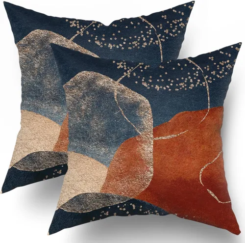 Vista 10 de Juego de 2 fundas de almohada bohemias de 16 x 16 pulgadas, color azul marino y naranja, modernas, con estampado geométrico abstracto