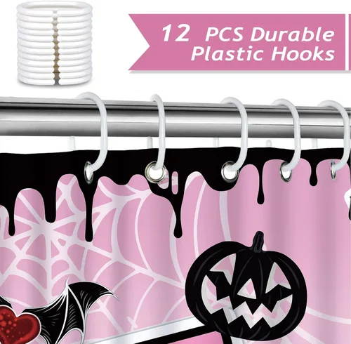 Vista 3 de Bonhause Cortina de ducha rosa de Halloween, divertido esqueleto aterrador, murciélago, decoración de baño gótica, 72 x 72 pulgadas, tela