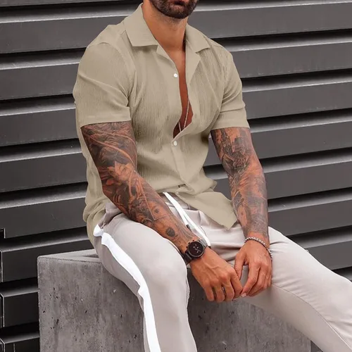 Vista 2 de Camisas casuales con botones para hombre, manga corta, color sólido, para yoga, playa, hawaiano, verano, vacaciones