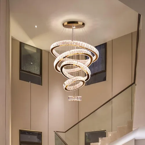 Vista 6 de Lámpara candelabro LED de cristal grande, moderna de 5 anillos, luz colgante ajustable para dormitorio, comedor, cocina (blanco cálido).