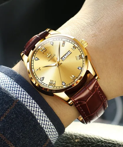 Vista 2 de OLEVS Tienda Watches, reloj de cuero marrón para hombre, reloj de fecha para hombre, reloj luminoso para hombre, reloj de vestir para hombre, reloj