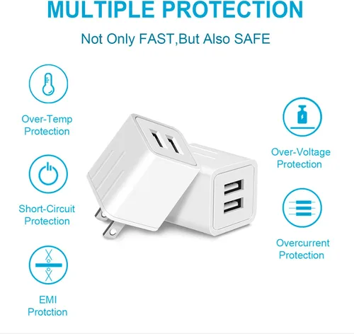 Vista 4 de Bloque de cargador USB, puerto dual A de 10 W (5 V x 2.1 A), cargador de pared, adaptador de corriente, caja de carga rápida/ladrillo/cubo