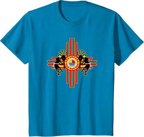 Vista 77 de Native American Kokopelli Kachina Zia Symbol 2 - Camiseta divertida para fanáticos, Negro