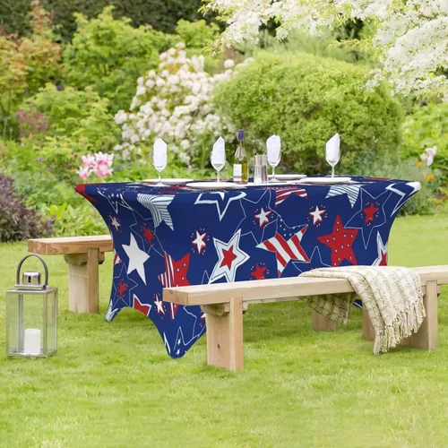 Vista 7 de Mantel rectangular ajustable de elastano elástico con estrellas patrióticas americanas de 4 pies, protector de mesa para fiestas, eventos