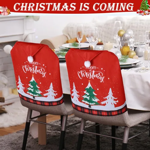 Vista 4 de 6 fundas para sillas de Navidad, con sombrero de Papá Noel, color rojo, fundas para el respaldo de las sillas, decoración para el hogar, cena