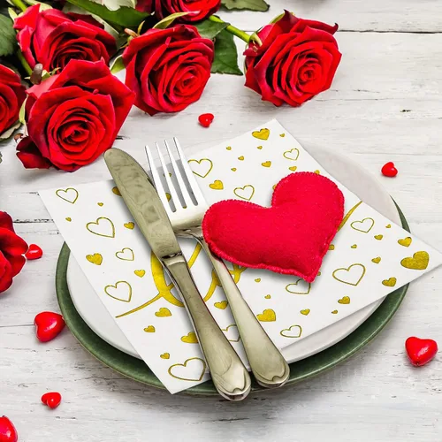 Vista 5 de Whaline Paquete de 80 servilletas desechables para el día de San Valentín, servilletas desechables doradas con estampado de corazón de amor