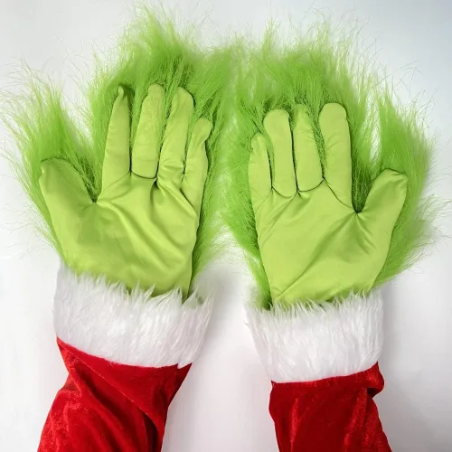 Vista 3 de Hefnoya Guantes de felpa de monstruo verde para adultos y niños, disfraz de Papá Noel de Navidad, accesorios de máscara de manos verdes, Guantes