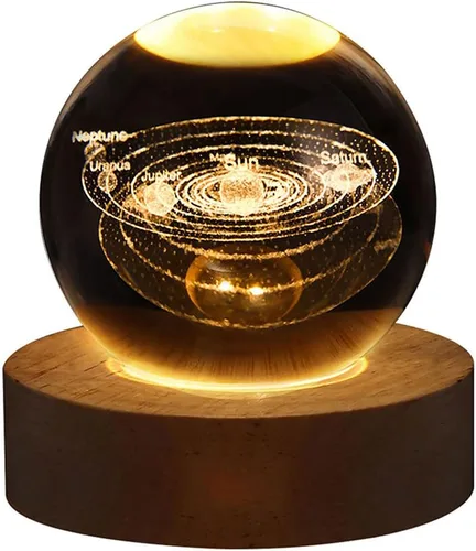 Vista 11 de Luz nocturna LED de bola de cristal, sistema de la Vía Láctea, lámpara de noche de cristal grabada en 3D con base de madera, carga USB