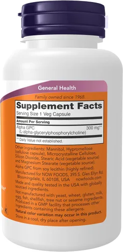 Vista 2 de Suplementos AHORA, Alpha GPC 300 mg con fuente biodisponible de colina, 60 cápsulas vegetales