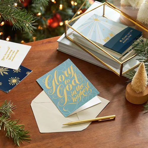 Vista 2 de Hallmark Surtido de tarjetas religiosas de Navidad, paz celestial (36 tarjetas y sobres) Azul polvoriento y lámina dorada