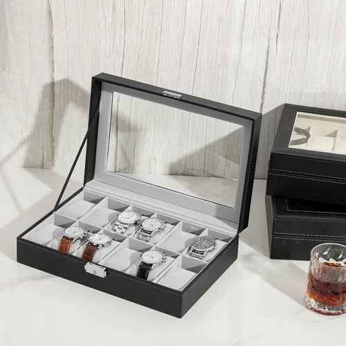 Vista 6 de Oyydecor Caja de reloj de piel sintética, organizador de almacenamiento de madera para almacenamiento y exhibición, regalos de hombres y mujeres