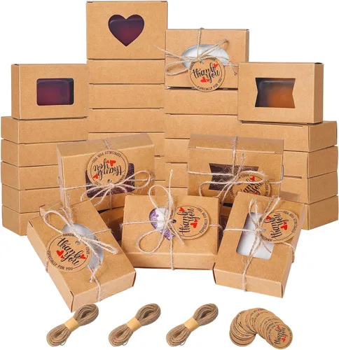 Vista 7 de Kosiz Paquete de 100 cajas de jabón Kraft con ventanas transparentes, 4 diseños de ventanas, kit de recuerdos de fiesta con etiquetas y cuerda, Negro