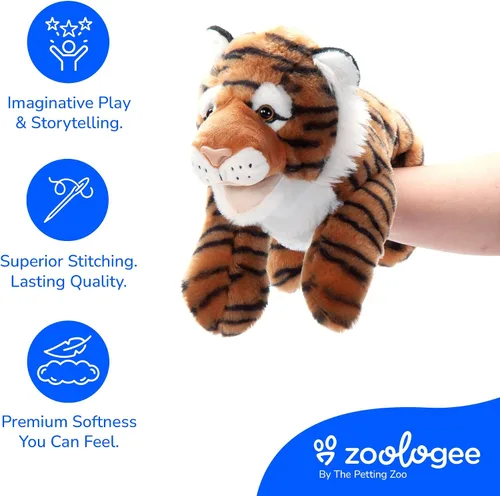 Vista 4 de The Petting Zoo Peluche de marioneta de mano de tigre, regalos para niños, animales de marioneta, juguete de peluche interactivo de tigre, 16