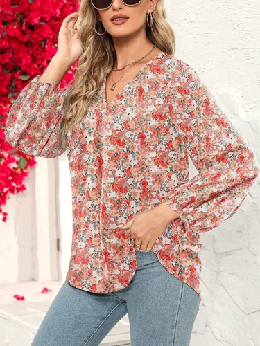 Vista 2 de Chunoy Blusa de manga larga ligera con cuello en V y estampado floral para mujer
