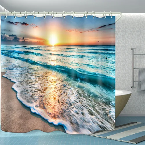 Vista 2 de LYFANS El baño tiene una cortina de ducha de playa al atardecer y la bañera tiene una lujosa cortina de ducha estándar. Cortina de ducha de tela