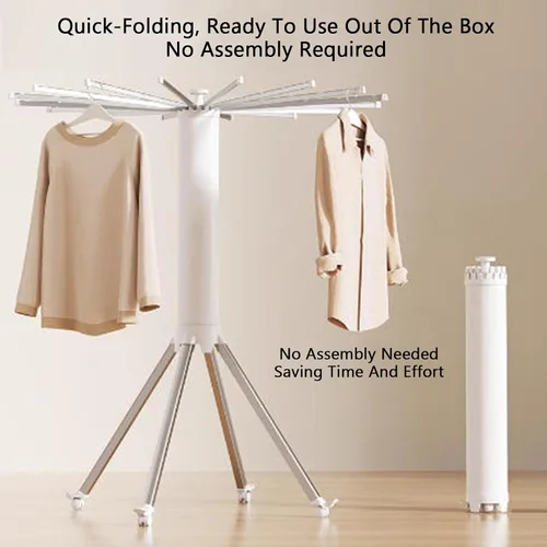 Vista 6 de Estante de secado de ropa plegable, soporte giratorio de 360° para ropa, soporte de lavandería de aluminio, capacidad de carga de 110 libras, con 16