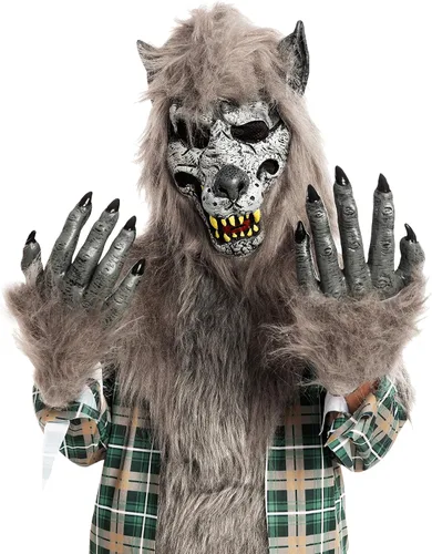 Vista 3 de Disfraz unisex de hombre lobo verde con máscara guantes y funda de zapatos