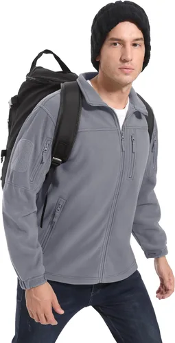 Vista 7 de CRYSULLY Chaqueta de forro polar táctica con cremallera completa para hombre, abrigo de invierno con múltiples bolsillos