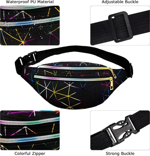 Vista 3 de Riñoneras holográficas de 2 piezas, riñoneras de moda, brillantes, impermeables, para mujeres y hombres, para viajes, fiestas, festivales, correr