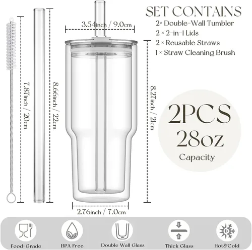Vista 3 de KEMORELA Juego de 2 vasos de vidrio de doble pared de 28 onzas, popotes reutilizables extra anchos de 0.512 in, vaso Boba, vasos de agua de boca