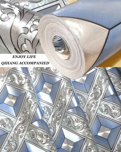 Vista 3 de Q QIHANG DAWEI - Papel tapiz decorativo para habitación de KTV, mosaico plateado, diseño de rombos y rombos, color azul plateado, 1.73 pies de ancho