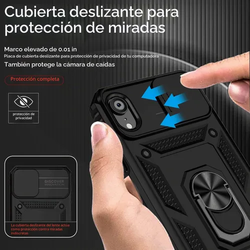 Vista 4 de Funda para iPhone XR, cubierta de lente de cámara deslizante integrada+soporte de anillo de dedo+protector de pantalla, funda protectora de cuerpo