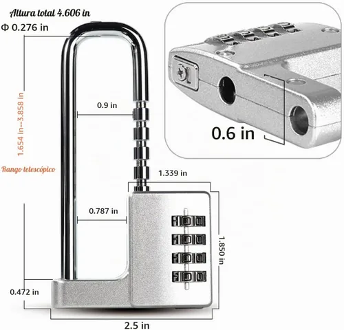 Vista 6 de Candado, cerradura de combinación, candado de combinación de 4 dígitos, 2-1/2" (64 mm) de cuerpo ancho. El grillete largo retráctil de acero