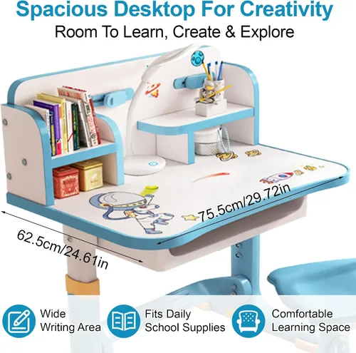 Vista 7 de HEVIRGO Kids Desk and Chair Set – Height Adjustable Blue Study Table