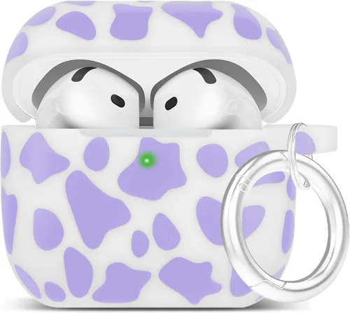 Vista 17 de LitoDream - Funda de silicona suave y flexible con llavero para Apple AirPods 2 y 1, para niñas (vaca; blanco con cactus)