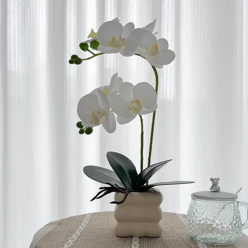 Vista 14 de Orquídeas artificiales Floreros de plata, orquídeas artificiales, orquídea naranja, altura 20 pulgadas