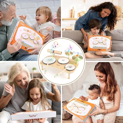 Vista 6 de Juego de batería para niños pequeños de 3 años en adelante, instrumentos musicales Montessori 8 en 1, juguetes musicales de madera para bebé