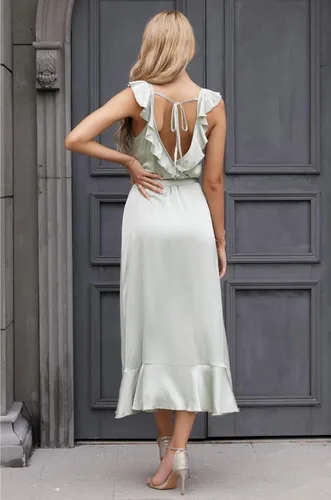 Vista 6 de LunaJany Elegante vestido de satén sin mangas con cinturón y volantes para mujer