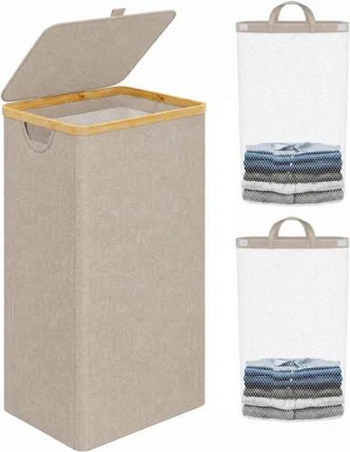 Vista 23 de iEGrow Cesta de lavandería con tapa, cesta grande de lavandería de 110 litros con asa y tapa, organizador de ropa plegable con bolsa interior Beige